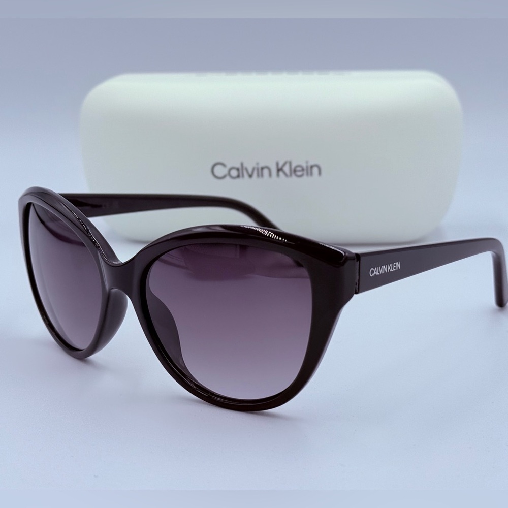 Calvin Klein Cat Eye Womens Sunglasses Black Gloss Smoke Gradient Lens 55mm NEW!